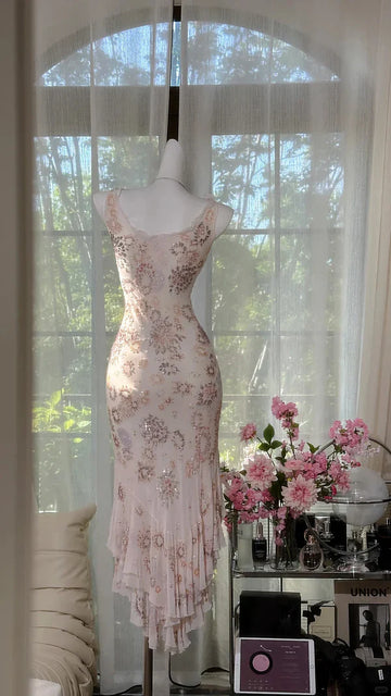 Ivory Exquisite Sheath Spaghetti Strap Floral Beaded Chiffon Homecoming Dress Cocktail Dress HZ1023